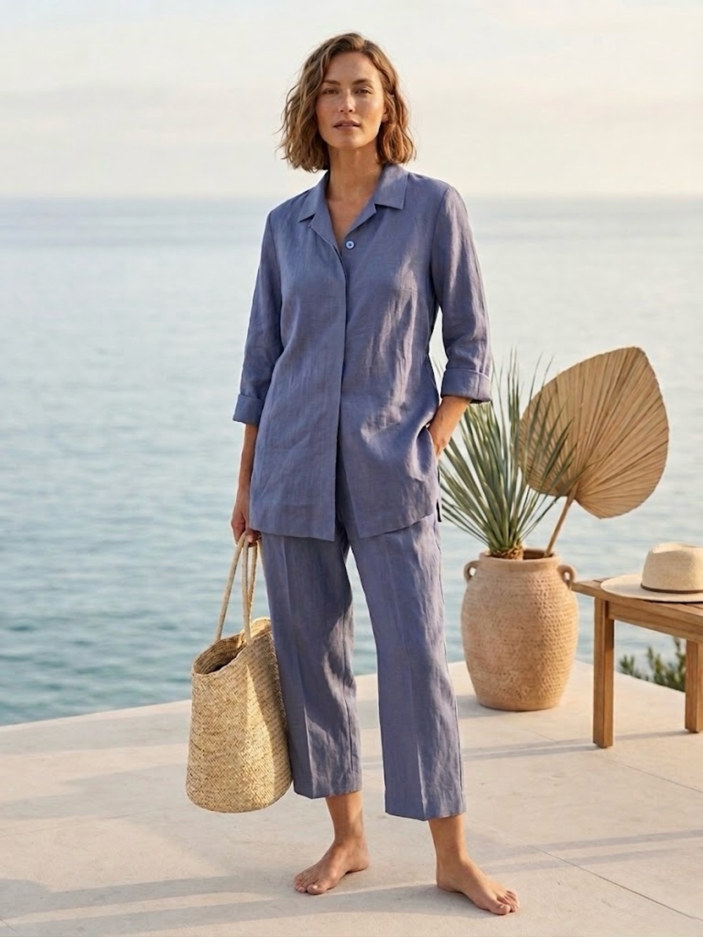 NWT Vintage Marisa Christina Y2K 100% Linen Pants Jacket Set Blue Medium Coastal